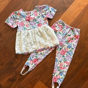 Vintage JC Kids Floral Lace Top and Leggings Set 6x stirrups harem pants